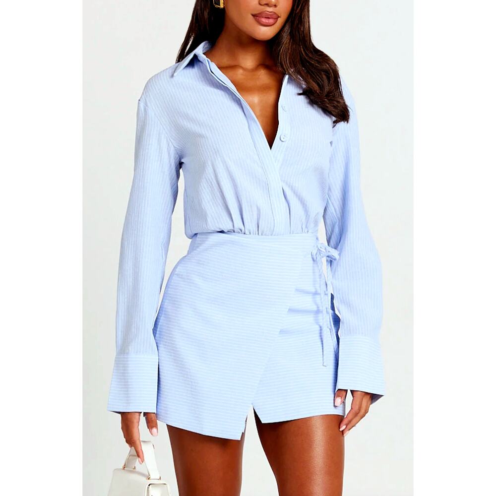 Showpo Shirt Dress Size 12 Heath Pinstripe Collared Long Sleeve Button Up Blue